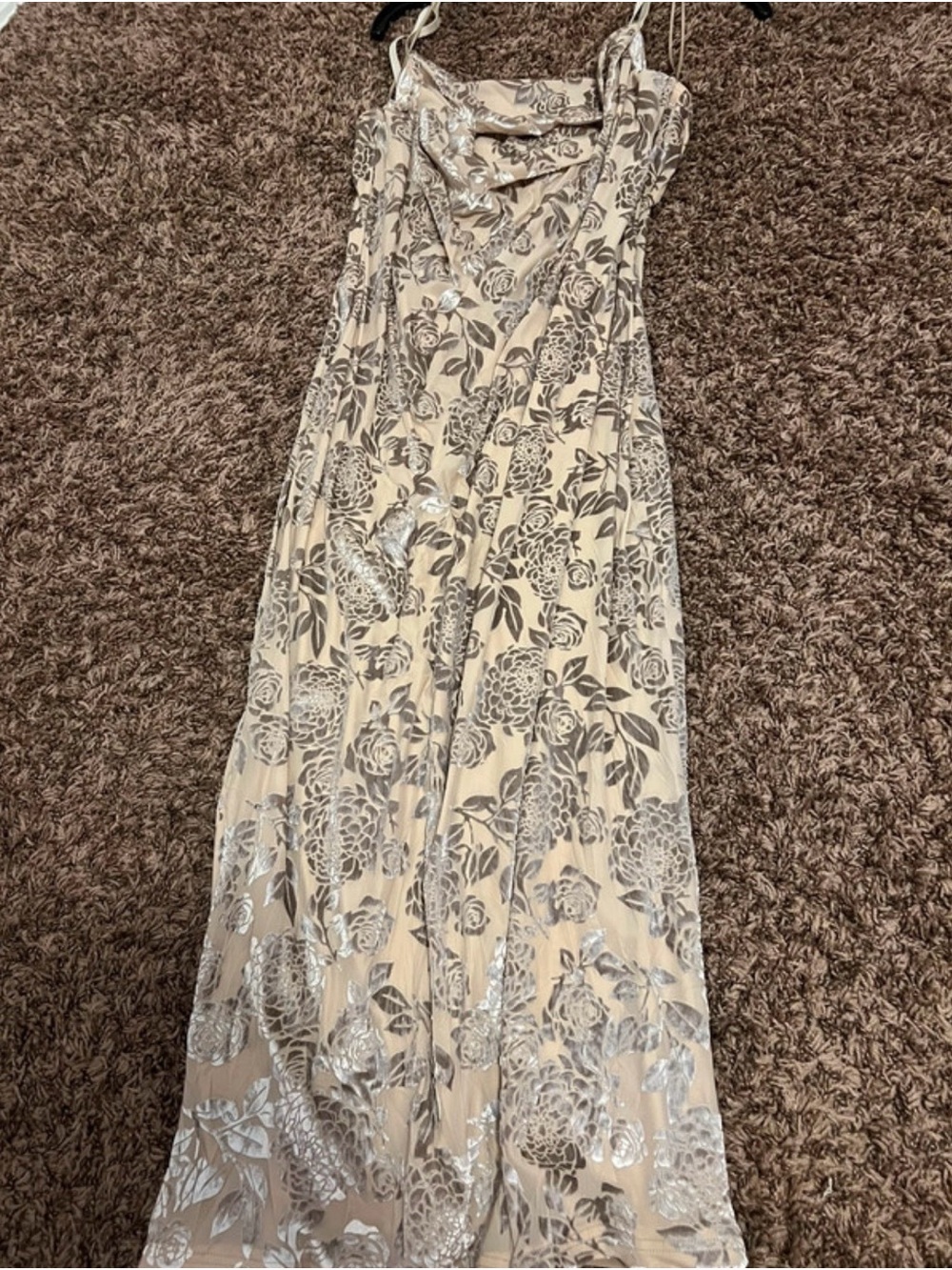 Metallic Cream Floral Maxi Dress with Silver Accent
